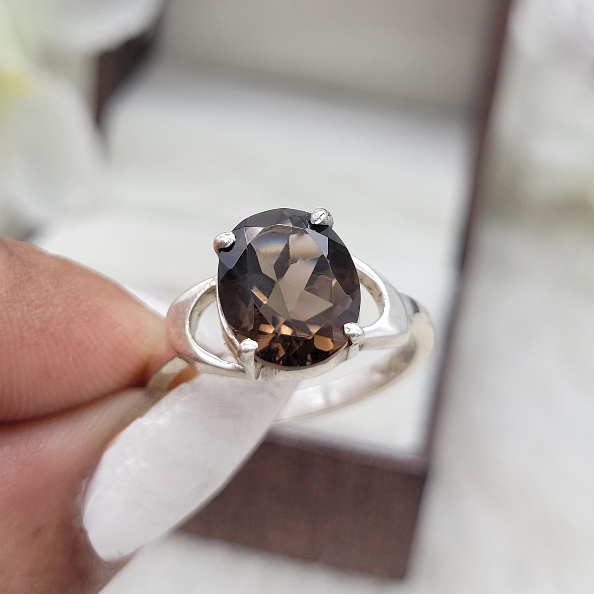 Smoky Quartz Gemstone Ring In 925 Sterling Silver - Handmade Oval Statement Ring, All Sizes