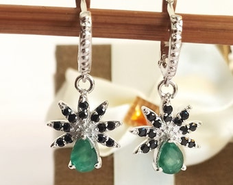100% Natural Green Emerald Earrings-925 Sterling Silver-Zambian Emerald Birthstone Solitaire Earrings-Unique Promise Earrings Gift For Her