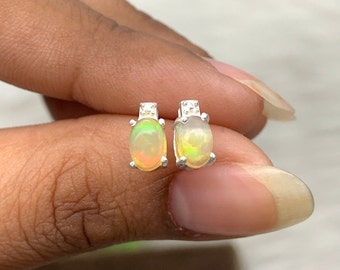 Ethiopian Opal Stud Earrings: Sterling Silver Minimalist Welo Fire Gemstone