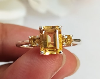 Golden Citrine Unique engagement Ring-Citrine Vintage Engagement Ring-Emerald Cut Citrine Three Stone Ring-925 Sterling Silver Ring-615
