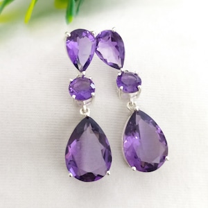 Amethyst Dangle Drop Earrings: Sterling Silver, Natural Purple Gemstone