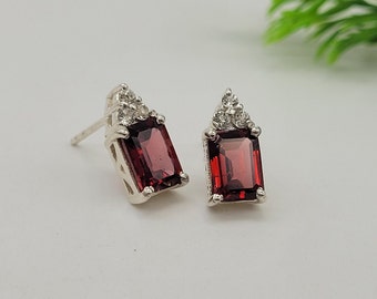 Emerald Cut Red Garnet Stud Earrings: Sterling Silver January Birthstone Earrings - Natural Garnet Halo Earrings