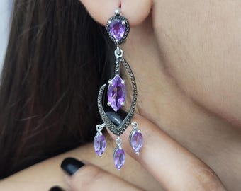 Sterling Silver Amethyst Chandelier Earrings - Vintage Wedding Jewelry