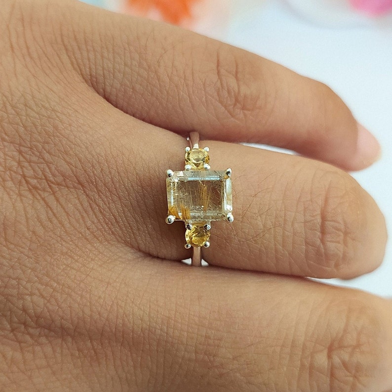 Golden Rutile Quartz Solitaire Ring, Sterling Silver Ring, Art Deco, Christmas Gift, Engagement Ring, Anniversary Gift, Women Accessories, Silver Ring, Jewelry for Women, Gift for Her, New Year Gift, Birthstone Ring, Thanksgiving Gift, Gemstone Ring