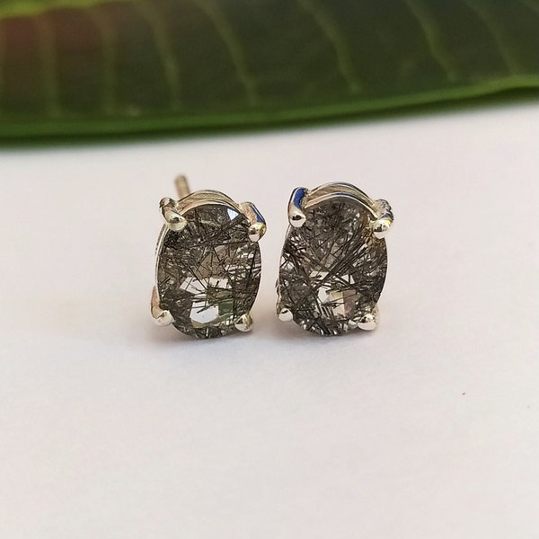 Unique Black Rutile Quartz Studs-Dainty Vintage Gift For Her-Black Rutilated Quartz Vintage Earrings For Her-Tourmaline Quartz Studs Silver