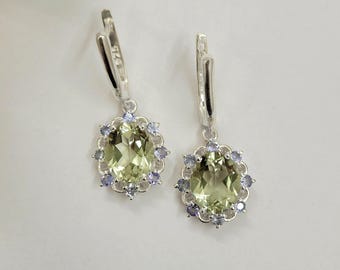 Sterling Silver Green Amethyst Prasiolite Tanzanite Dangle Earrings