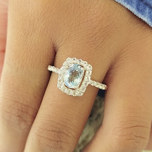 Dainty Aquamarine Engagement Ring: Vintage Halo, 925 Sterling Silver
