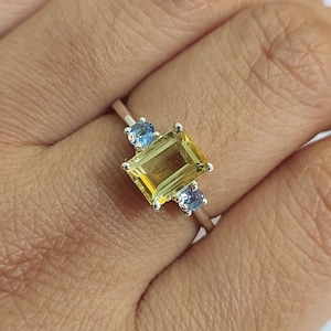Unique Lemon Quartz Vintage Ring-Emerald Cut Lemon & Iolite Three Stone Ring-Lemon Quartz Unique Engagement Ring-925 Sterling Silver-615
