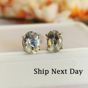 Green Amethyst Stud Earrings: Sterling Silver Prasiolite Birthstone