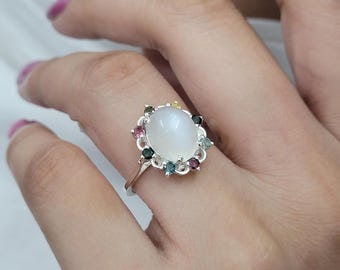 Sterling Silver Moonstone Ring: Multi-Tourmaline Accents, Oval Cabochon