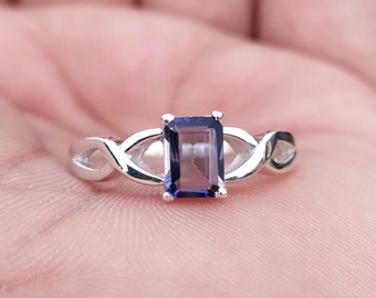 Emerald Cut Iolite Solitaire Ring: 925 Sterling Silver Promise Ring, Natural Blue Birthstone Jewelry