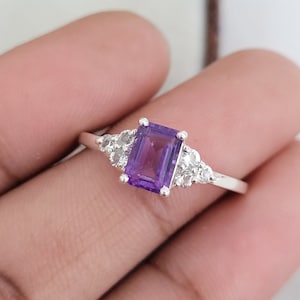 Emerald Cut Amethyst Solitaire Ring: Sterling Silver February Birthstone Jewelry