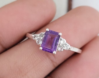 Emerald Cut Amethyst Solitaire Ring: Sterling Silver February Birthstone Jewelry
