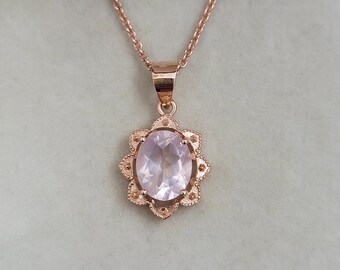 Natural Rose Quartz Pendant Necklace: Oval Pink Gemstone, Sterling Silver or 14K Rose Gold
