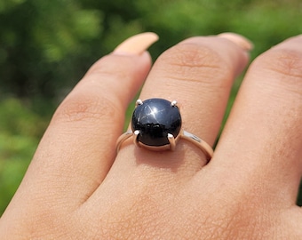 Black Star Obsidian Ring: 925 Sterling Silver Prong Setting