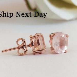 Petits clous d&#39;oreilles solitaires en quartz rose - Belles boucles d&#39;oreilles vintage en quartz rose - Clous d&#39;oreilles en quartz rose pour l&#39;amour - Argent sterling 925 - Cadeau pour elle