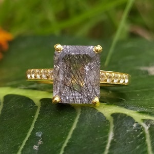 Black Rutile Quartz Solitaire Ring-Emerald Cut Black Rutilated Quartz Ring-Unique Rutile Vintage Engagement Ring-Black Quartz Ring Silver