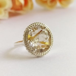 Golden Rutile Quartz Vintage Engagement Ring-Rutile Quartz Statement Ring For Her-Unique Rutile Quartz Cocktail Ring 925 Sterling Silver-541