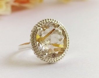 Golden Rutile Quartz Ring: Vintage 925 Sterling Silver Cocktail Ring
