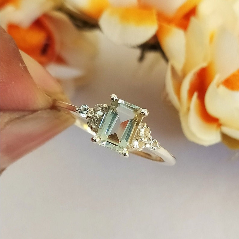 Natural Green Amethyst Ring-Natural Prasiolite Ring-Emerald Cut Amethyst Ring-Natural Amethyst Birthstone Solitaire Ring-925 Sterling Silver image 2