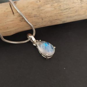 Blue Fire Moonstone Pendant: 925 Sterling Silver Pear Solitaire