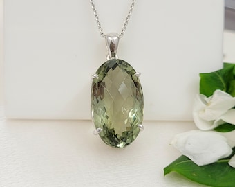 Sterling Silver Prasiolite Pendant: Long Green Amethyst Necklace
