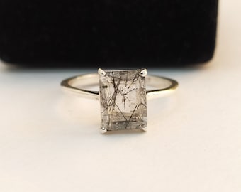 Black Rutile Quartz Solitaire Ring-Emerald Cut Black Rutilated Quartz Ring-Black Rutile Vintage Ring For Her-925 Solid Sterling Silver-83