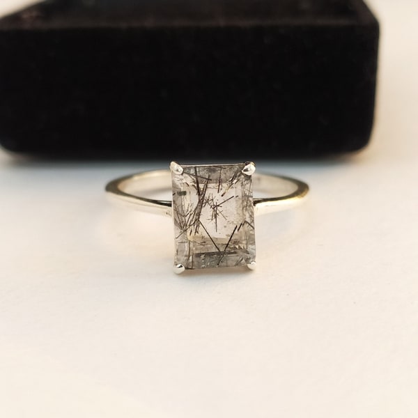 Emerald Cut Black Rutilated Quartz Ring - 925 Sterling Silver Solitaire