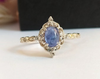 Vintage Tanzanite Engagement Ring: Sterling Silver Halo Bridal Ring