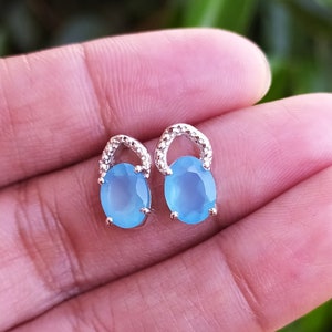 Natural Blue Chalcedony Earrings-Handmade Silver Earrings-925 Sterling Silver-Oval Cut Chalcedony Earrings-Chalcedony Sagittarius Birthstone