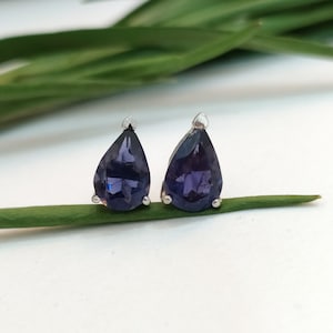 Unique Blue Iolite Stud Earrings-Iolite Studs For Love-Iolite Vintage Earrings-Blue Birthstone Studs For Everyday-925 Sterling Silver