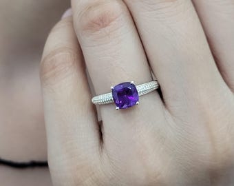 Cushion Cut Amethyst Ring: Sterling Silver Handmade Gemstone Ring