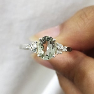 Natural Oval Green Amethyst Ring-Antique Cluster Prestolite Ring-Elongated Oval Cut Prestolite Ring-Unique Engagement Ring-Sterling Silver
