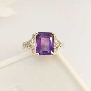 Bague de fiançailles améthyste scintillante taille émeraude-bague de mariage violette-bijoux faits main améthyste-bague de promesse améthyste