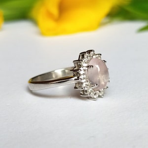 Sterling Silver Rose Quartz Ring-High Quality Clear Rose Quartz Oval Ring-Cluster Engagement Ring-Custom Promise Ring-Pink Quartz Gift Her