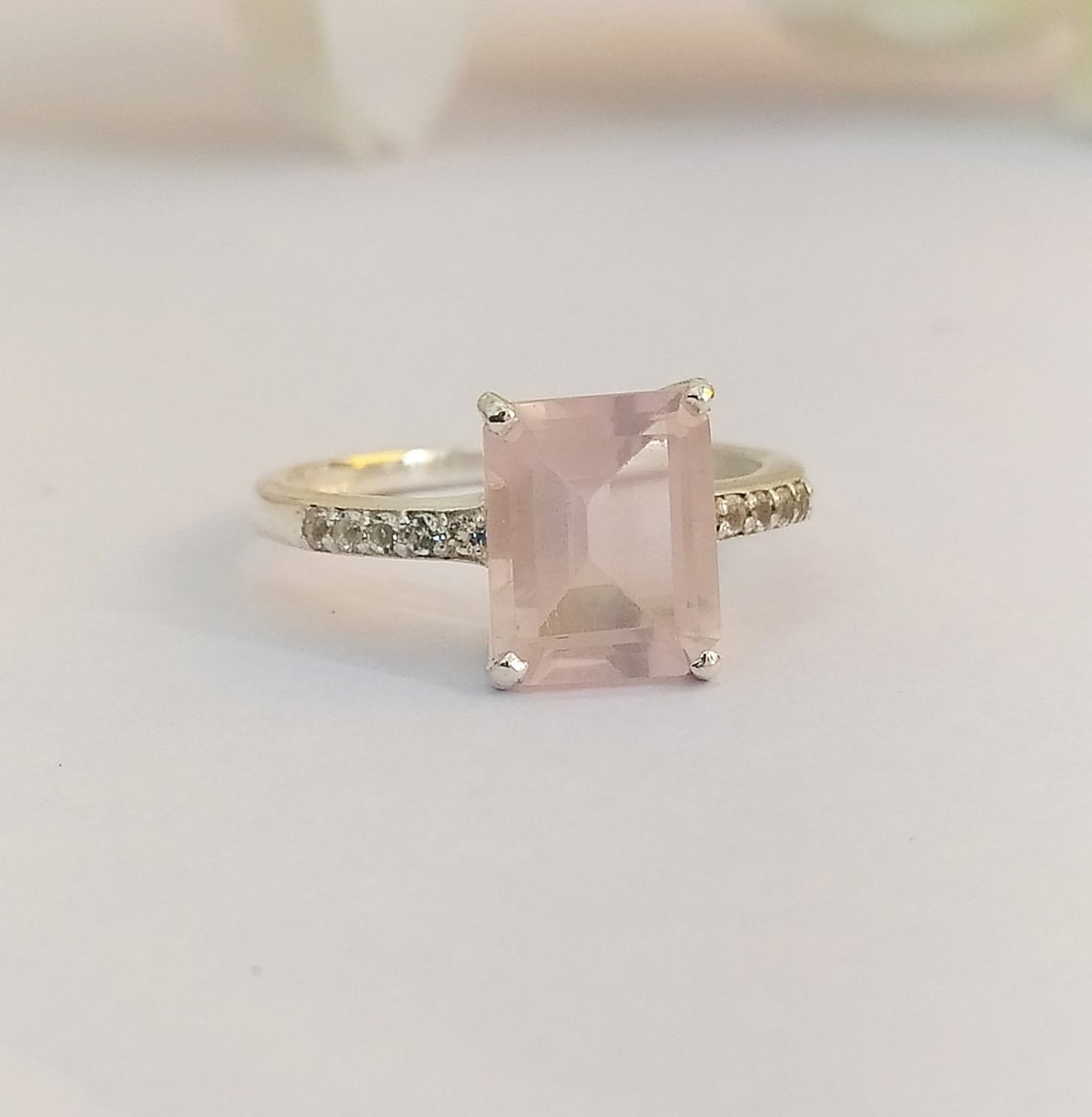 100 Natural Rose Quartz Engagement RingEmerald Cut Rose Etsy