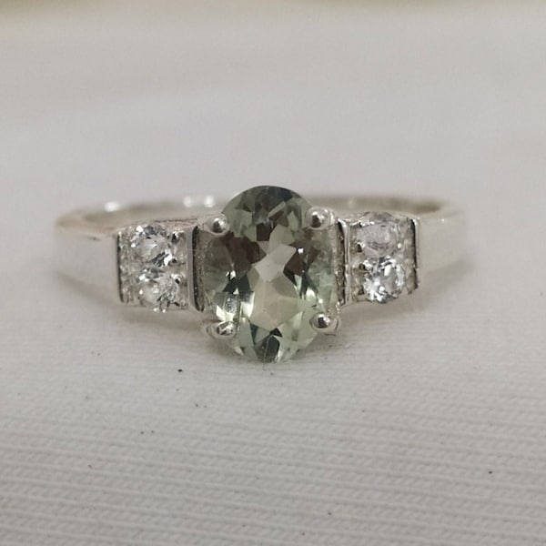 Anillo de amatista verde natural - Anillo de prasiolita natural en plata de ley 925 - Anillo solitario de amatista para ella - Anillo de amatista verde con piedra de nacimiento - 633