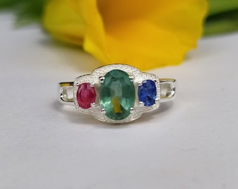 Natürlicher Smaragd, Rubin, Saphir, & Multi-Edelstein Ring: Sterling Silber Vintage Style