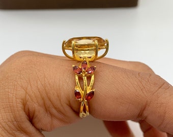 Natural Citrine & Garnet Cocktail Ring: Vintage Floral Sterling Silver, Nature inspired Jewelry