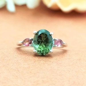 Green Tourmaline Sterling Silver Ring - Multi-Stone Vintage Design