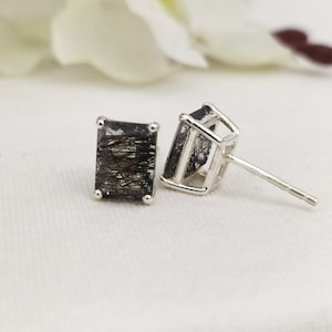 Black Rutile Quartz Stud Earrings: Vintage 925 Sterling Silver Dainty Gift