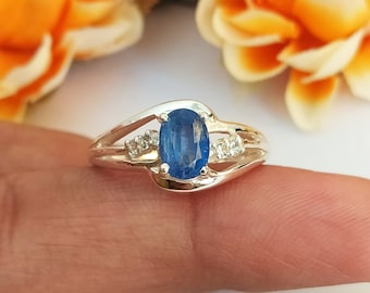 Fine Quality Blue Kyanite Ring-925 Solid Sterling Silver-Jewelry Handmade-Fine Blue Kyanite & White Topaz-Unique Vintage Ring-Ring-501