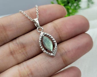 Blue Flashy Labradorite Pendant Silver-Charm Evil Eye Pendant-Labradorite Protection Jewelry For Her-Natural Healing Crystal Pendant Gifts
