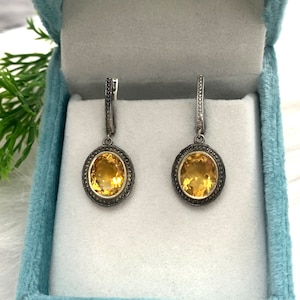 Natural Citrine Dangle Earrings-Victorian Style Earrings-Citrine Vintage Earrings-Golden Citrine Earrings-November Birthstone Dangle Earring