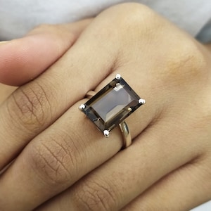 Emerald Cut Smoky Quartz Sterling Silver Ring - Vintage Style