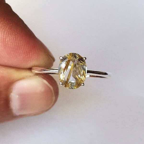 Bague solitaire quartz rutile doré-bague solitaire quartz rutile naturel-bague vintage quartz rutile en argent sterling 925-bijou fait main bague-65