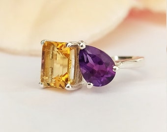 Unique Toi and Moi Ring-Citrine & Amethyst Toi-Moi Ring-Unique Multi Stone Ring Silver-Amethyst and Citrine Multi Ring-Two Stone Multi Ring