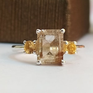 Golden Rutile Quartz Vintage Ring-Golden Rutilated Three Stone Ring Sterling Silver-Golden Quartz Unique Engagement Ring-Rutile Promise Ring