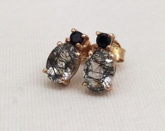 Black Rutile Quartz Stud Earrings: Oval 925 Sterling Silver Solitaire, Black Quartz Minimalist Jewelry