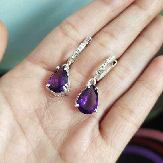 Amethyst Dangle Earrings: Pear Cut, 925 Sterling Silver, Vintage Charm